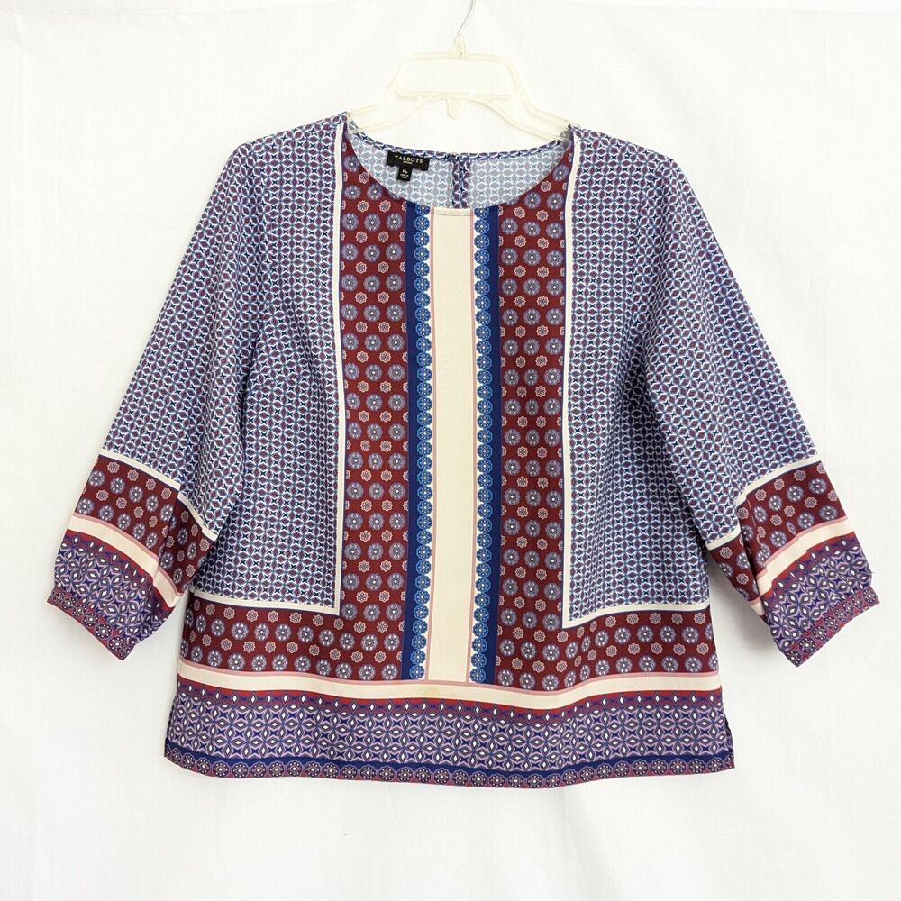 Talbots Petite Blouse PM Blue Geometric Art to Wear 3/4 Sleeve Mod Career Top - Picture 2 of 12